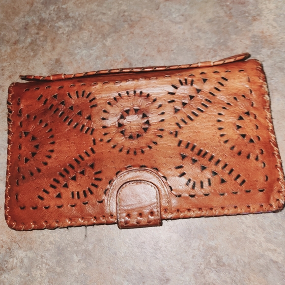Vintage Leather Billfold Clutch w Handle By Designer Cleobella Mexico - Picture 3 of 5